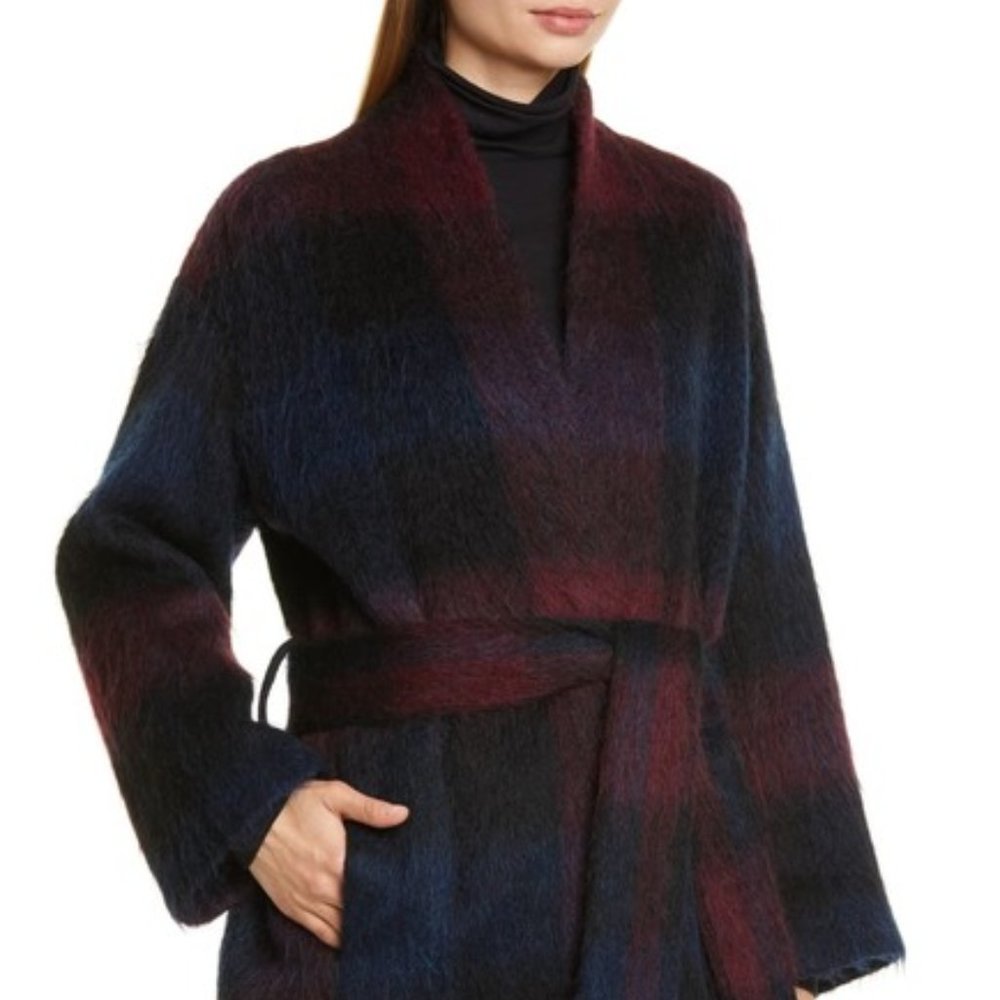 Vince Plaid Mohair-Blend Belted Coat in Burgundy & Navy